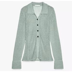 Zara Sz M Sage Green Open Knit Sheer Crochet Button Down Cardigan Sweater Top